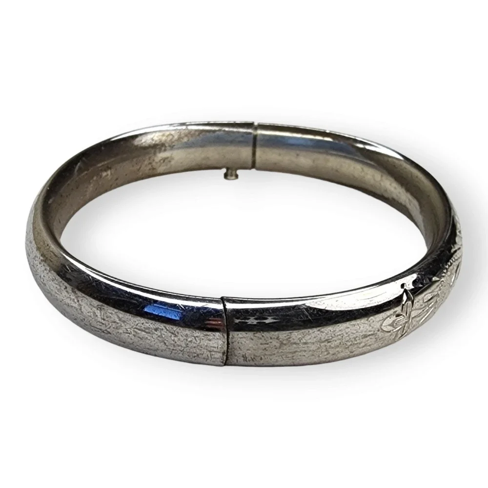 Vintage Sterling Silver 925 Hollow Hinged Signed HFB Bangle Bracelet